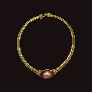 Monet Vintage Gold Plated Red Enamel Collar with Fuax Pearl Accent